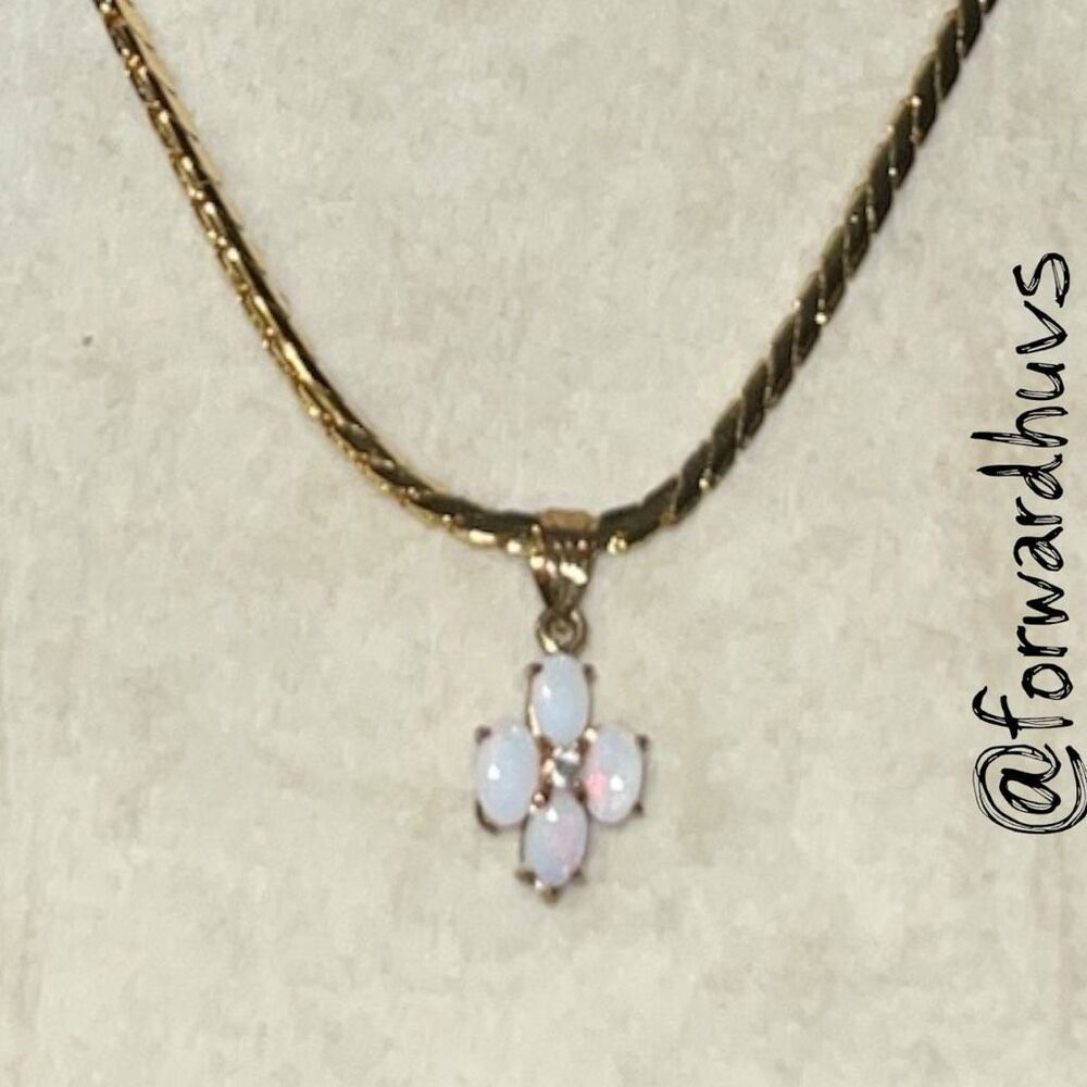 Gold Tone Opal Cross & Chain – Iridescent Oval Cabochons – 5-Stone Pendant